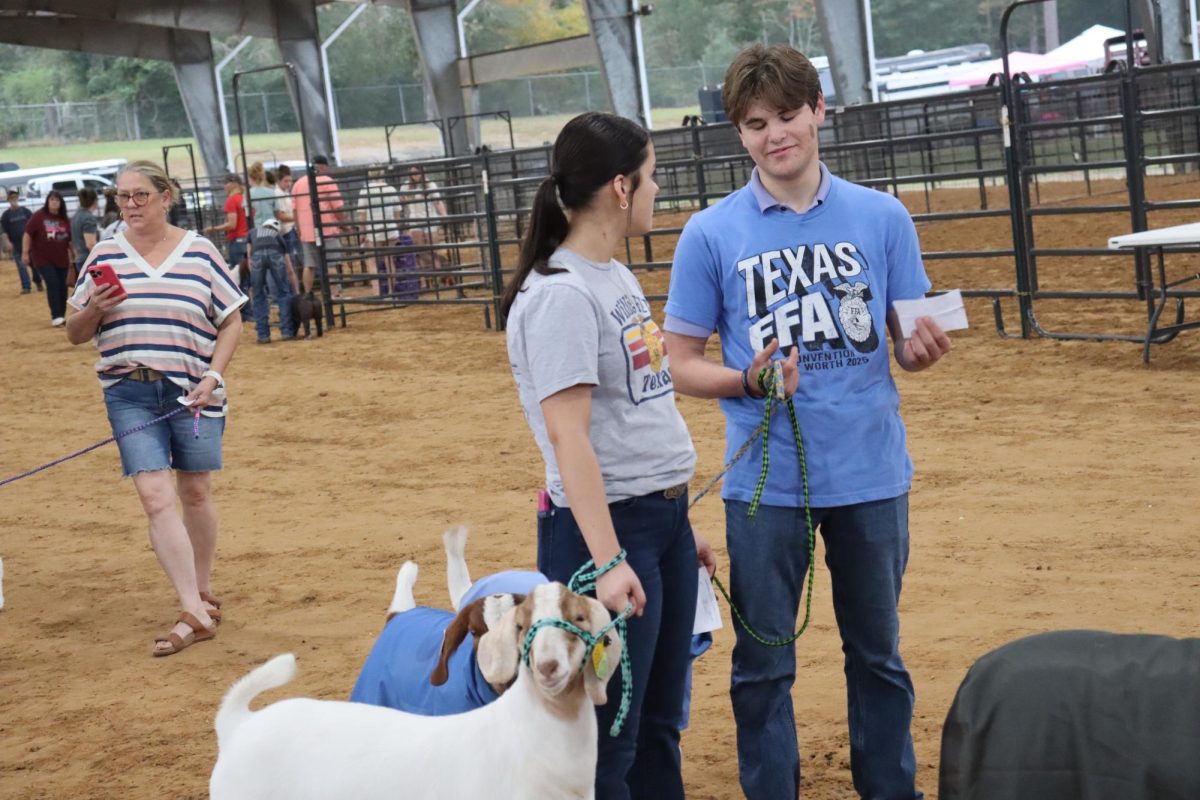 WAITING TO START THE SHOW. Before the Charles Traylor Memorial Prospect Show begins, sophomore Kinsey Tedder and senior Jackson Dutton walk their goats. 