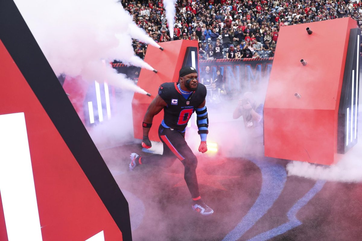 Jan 4, 2026; Houston, Texas, USA; Houston Texans linebacker Azeez al-Shaair (0) runs onto the field before the game against the Indianapolis Colts at NRG Stadium. Mandatory Credit: Troy Taormina-Imagn Images