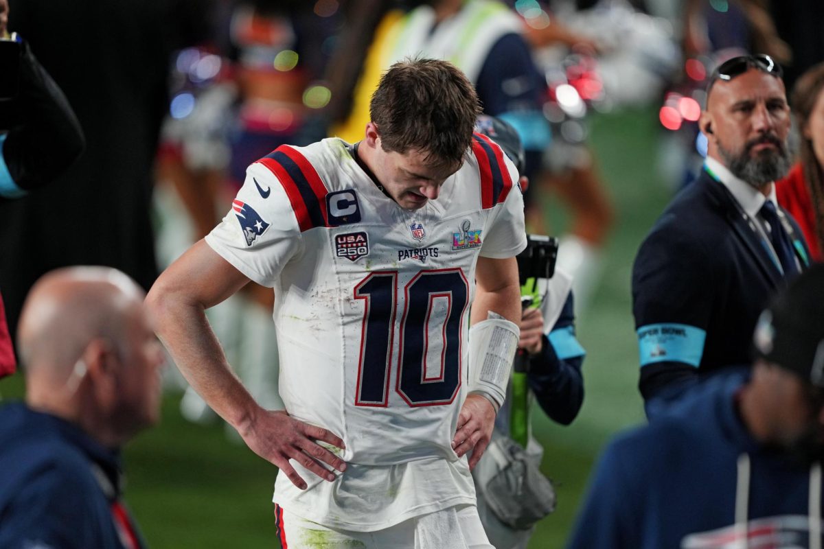 Feb 8, 2026; Santa Clara, CA, USA; New England Patriots quarterback Drake Maye (10) exits the field after the loss against the Seattle Seahawks in Super Bowl LX at Levi's Stadium. Mandatory Credit: Darren Yamashita-Imagn Images