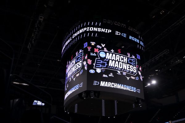 Mar 21, 2026; Oklahoma City, OK, USA; The March Madness logo is seen prior to game between the Texas A&M Aggies and Houston Cougars in the second round of the men's 2026 NCAA Tournament at Paycom Center. Mandatory Credit: William Purnell-Imagn Images