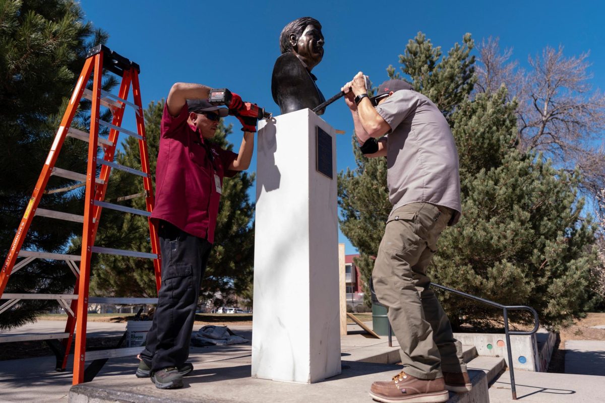 People work to pull down a bust of United Farm Workers union co-founder Cesar Chavez, after civil rights leader Dolores Huerta accused Chavez of sexually assaulting her in the 1960s, at Cesar Chavez Park in Denver, Colorado, U.S., March 19, 2026.   REUTERS/Cheney Orr