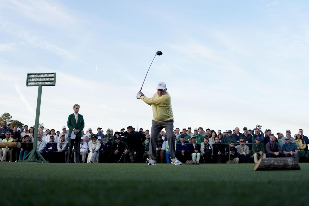Apr 9, 2026; Augusta, Georgia, USA; Honorary starter Jack Nicklaus tees off on the first hole during the first round of the Masters Tournament at Augusta National Golf Club. Mandatory Credit: Kyle Terada-Imagn Images