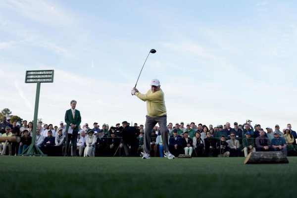 Apr 9, 2026; Augusta, Georgia, USA; Honorary starter Jack Nicklaus tees off on the first hole during the first round of the Masters Tournament at Augusta National Golf Club. Mandatory Credit: Kyle Terada-Imagn Images