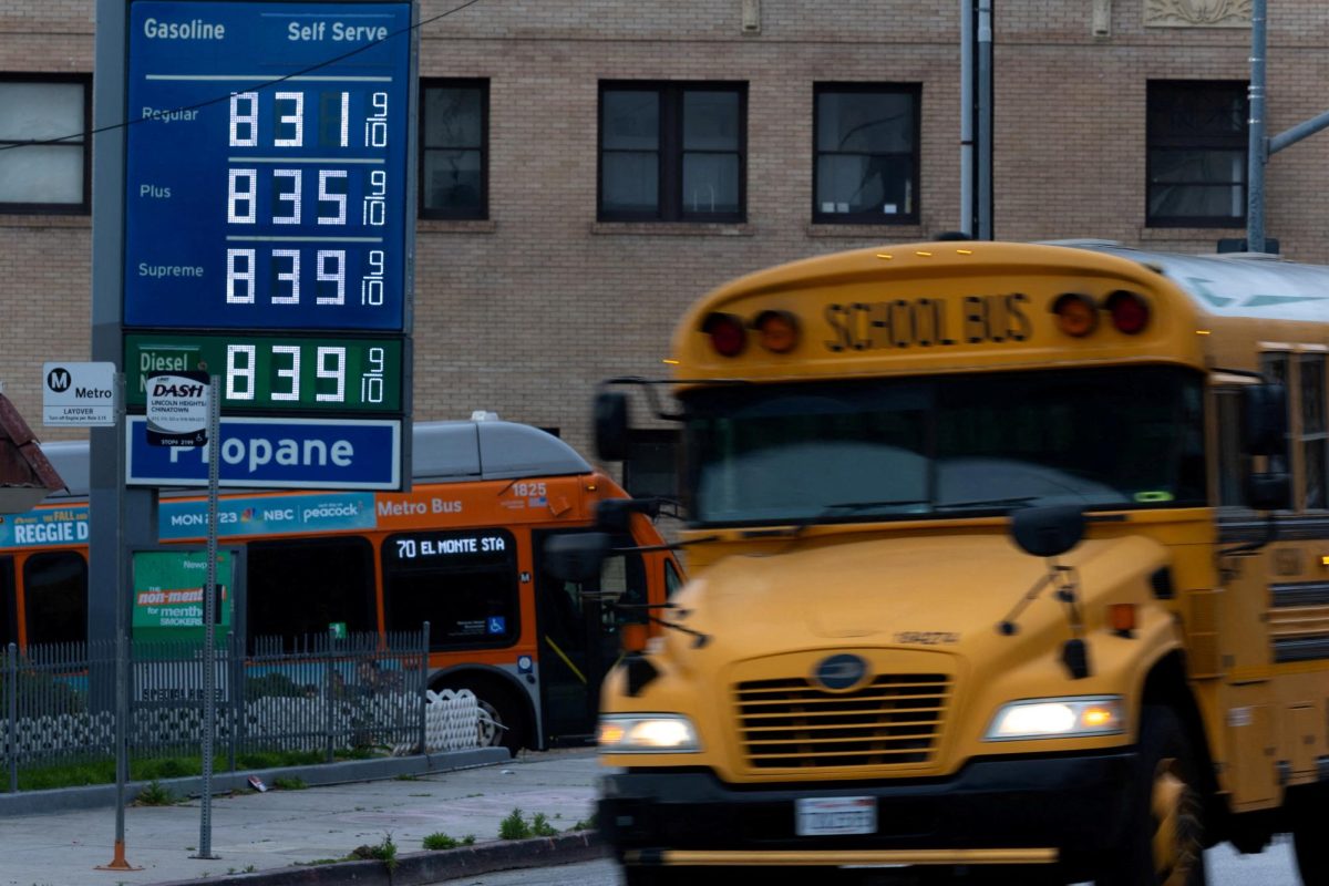 High prices for gasoline are shown at a gas station in downtown Los Angeles, California, U.S., March 10, 2026.   REUTERS/Mike Blake