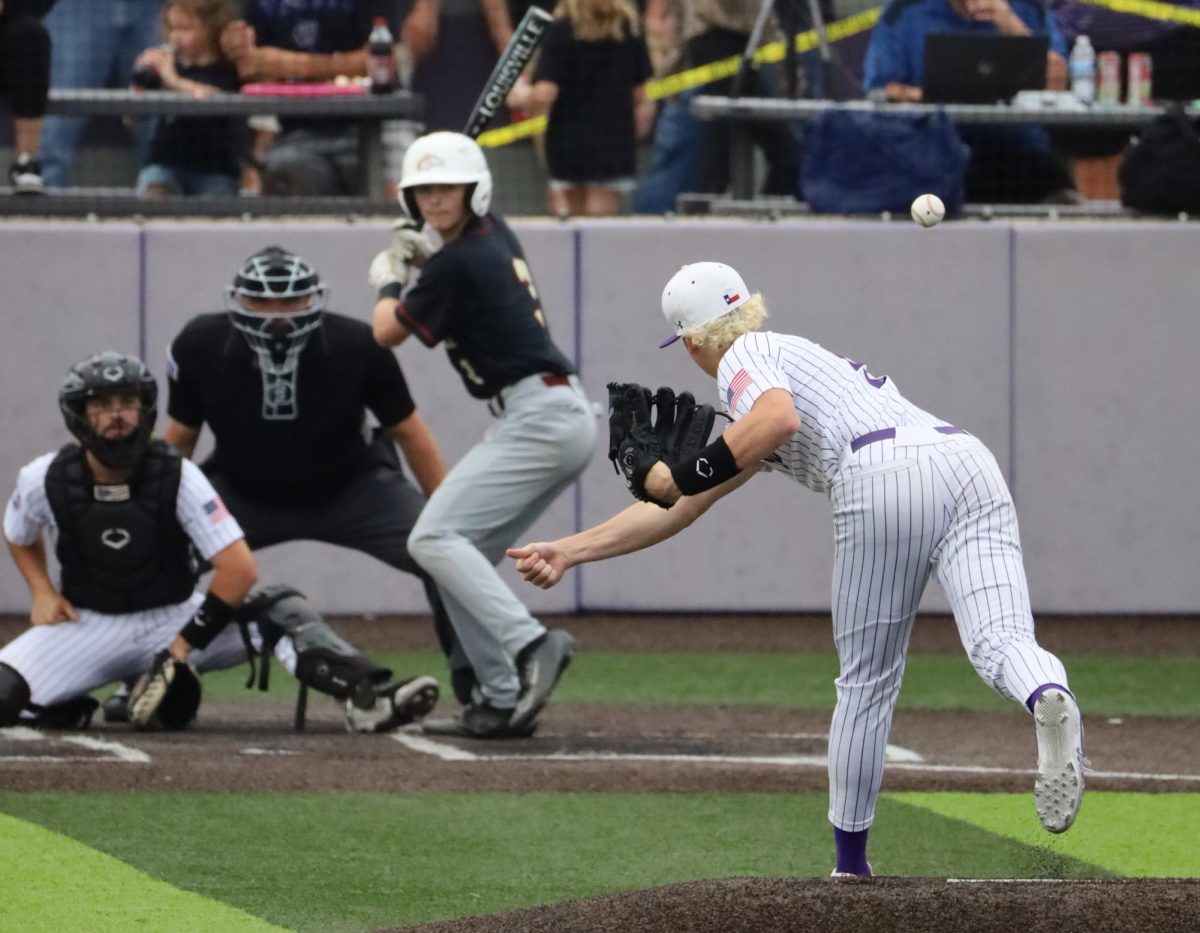 ROUND THREE. At the home game against Magnolia West, junior Kash Abke pitches to a Mag West batter, The team is headed to the regional series Thursday at Lufkin.