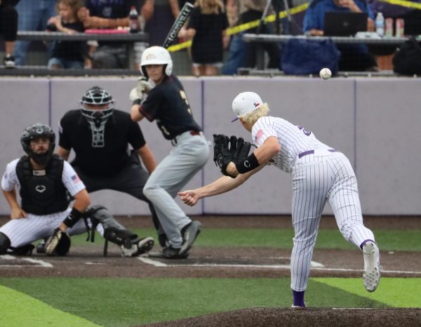 ROUND THREE. At the home game against Magnolia West, junior Kash Abke pitches to a Mag West batter, The team is headed to the regional series Thursday at Lufkin.